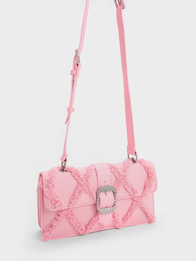 Charles & Keith Eilith Frayed Denim Buckled Skulderveske Rosa | CLPJM4968