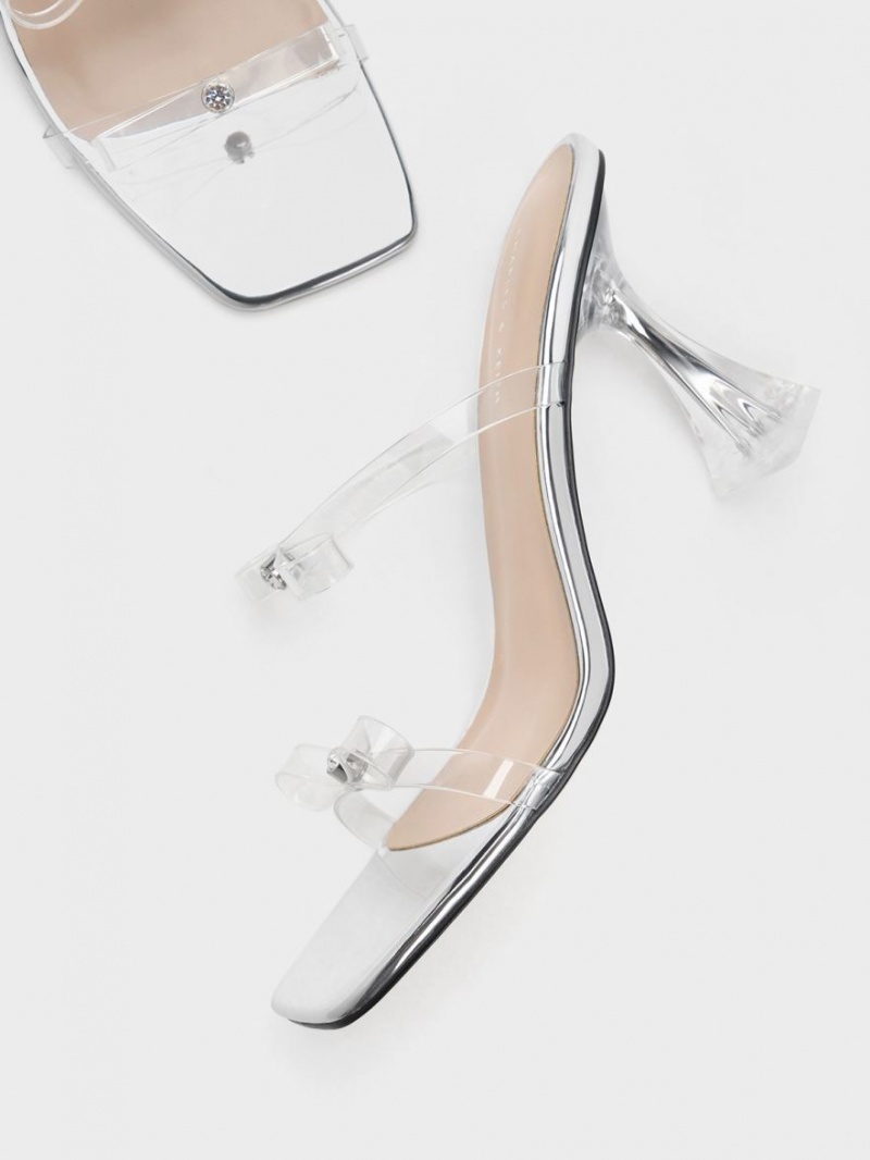 Charles & Keith Embellished Bow See-Through Sandaler med Hæl Sølv | JYBEU1246