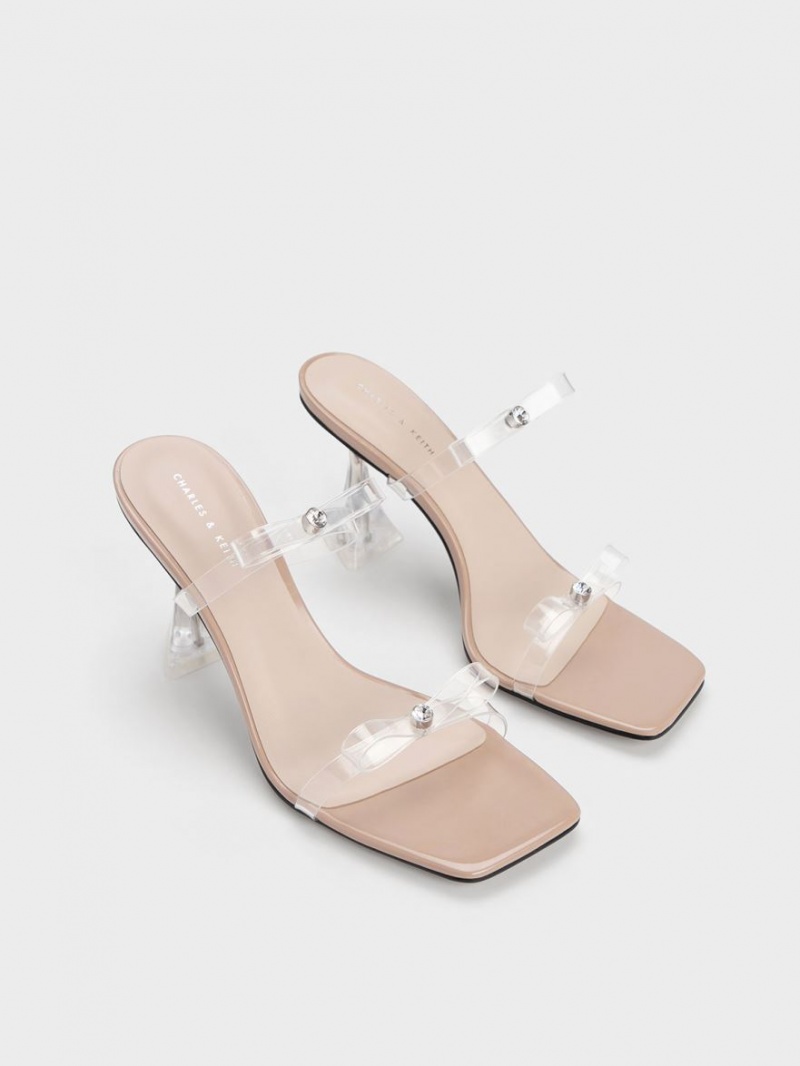 Charles & Keith Embellished Bow See-Through Sandaler med Hæl Beige | MWEKC2304