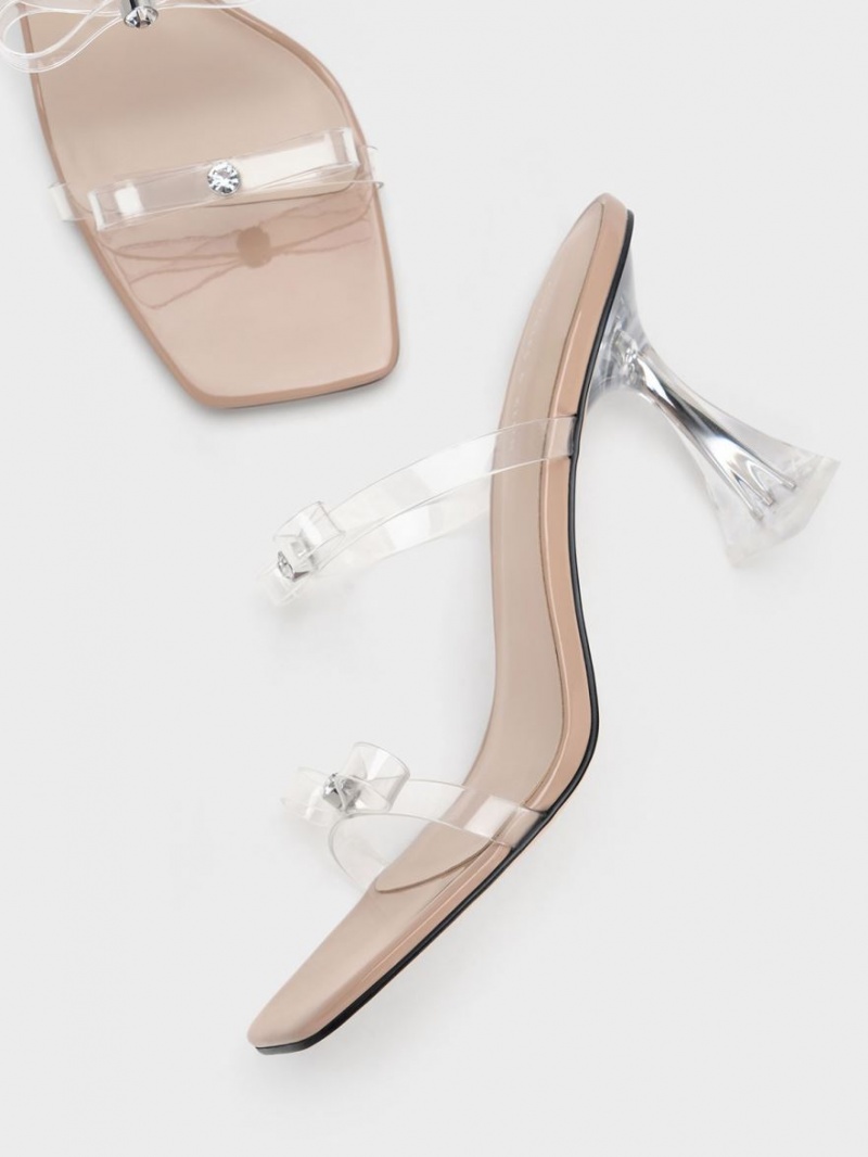 Charles & Keith Embellished Bow See-Through Sandaler med Hæl Beige | MWEKC2304