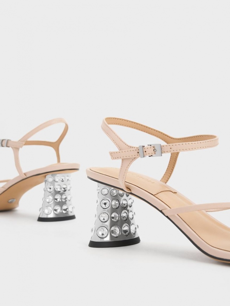 Charles & Keith Embellished Heel Lær Sandaler med Hæl Beige | OHPSI7128