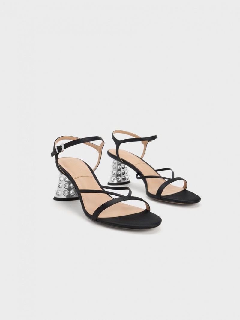 Charles & Keith Embellished Heel Recycled Polyester Sandaler med Hæl Svarte | TQICG6581