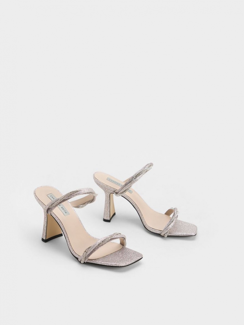 Charles & Keith Embellished Twisted Reima Glittered Sandaler med Hæl Sølv | TBCRU2361