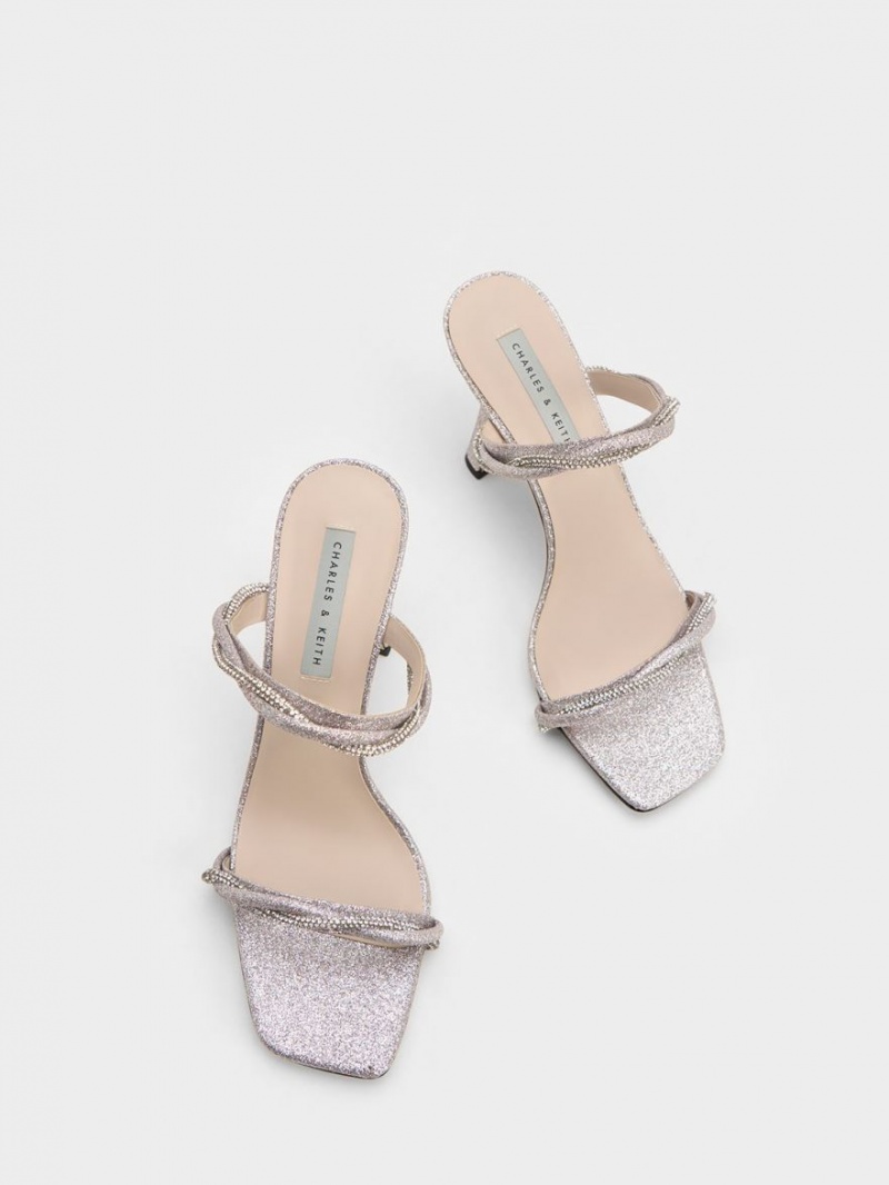 Charles & Keith Embellished Twisted Reima Glittered Sandaler med Hæl Sølv | TBCRU2361