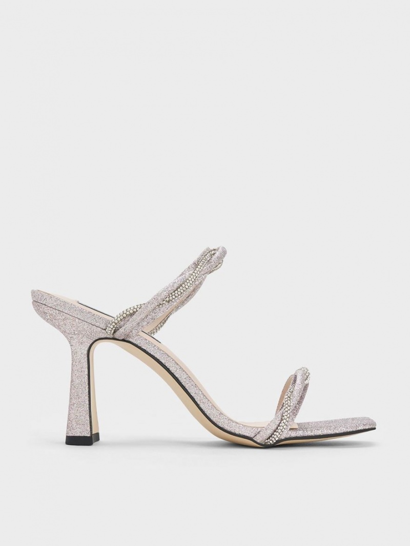 Charles & Keith Embellished Twisted Reima Glittered Sandaler med Hæl Sølv | TBCRU2361