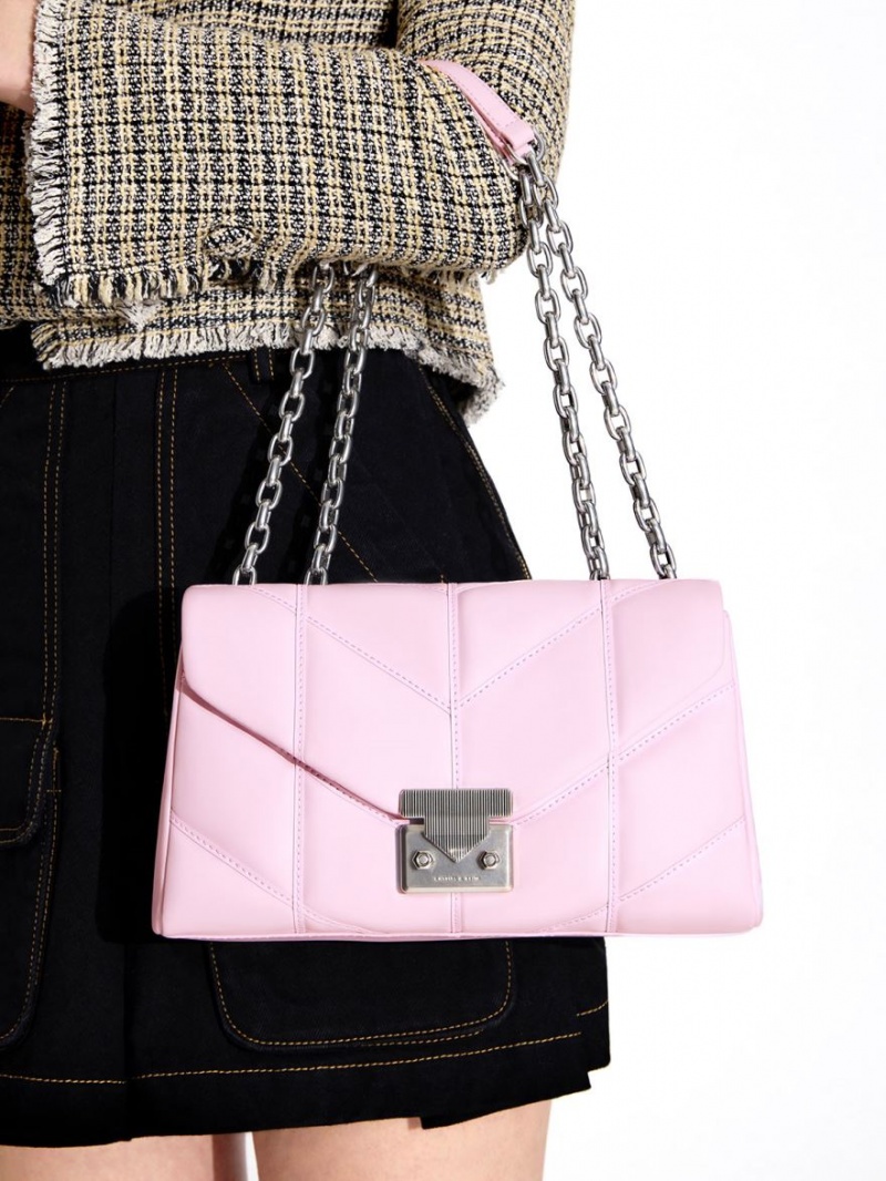 Charles & Keith Eudora Chevron Trapeze Crossbody Veske Rosa | HANET9265