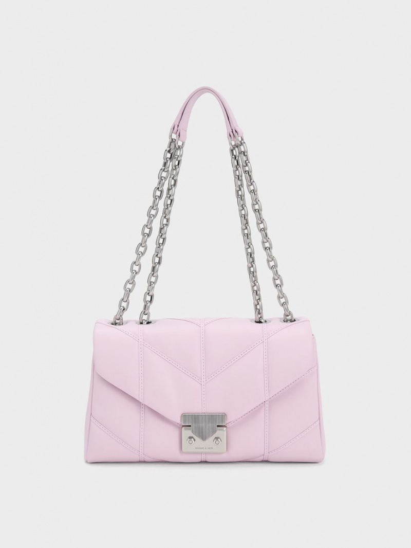 Charles & Keith Eudora Chevron Trapeze Crossbody Veske Rosa | HANET9265