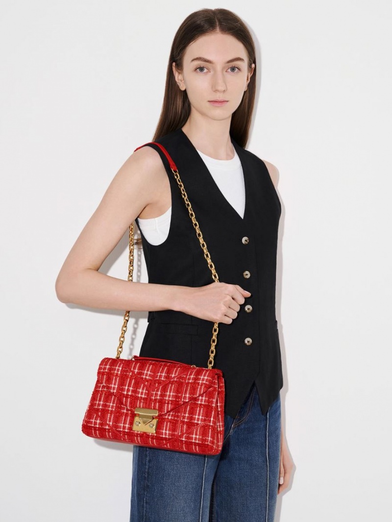 Charles & Keith Eudora Tweed Trapeze Crossbody Veske Rød | XADZG6425