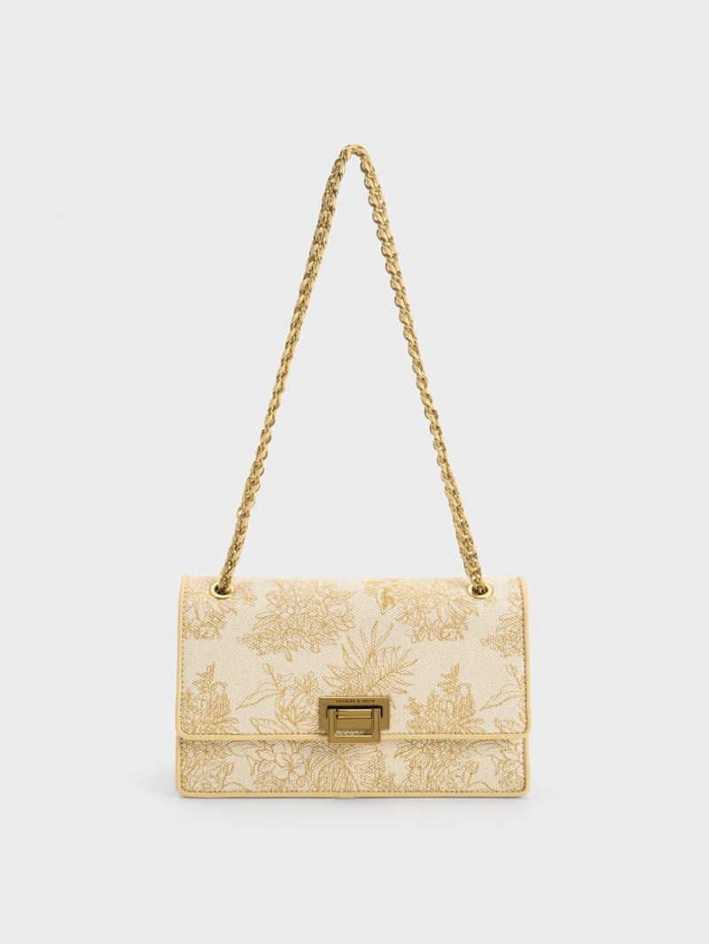 Charles & Keith Floral Illustrated Canvas Skulderveske Beige | IWUCK5467