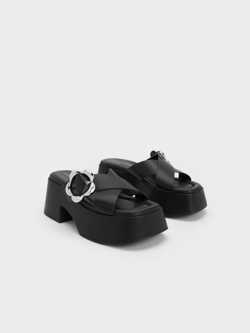 Charles & Keith Flower-Spenne Crossover Platform Mules Sko Svarte | ONFHB3108