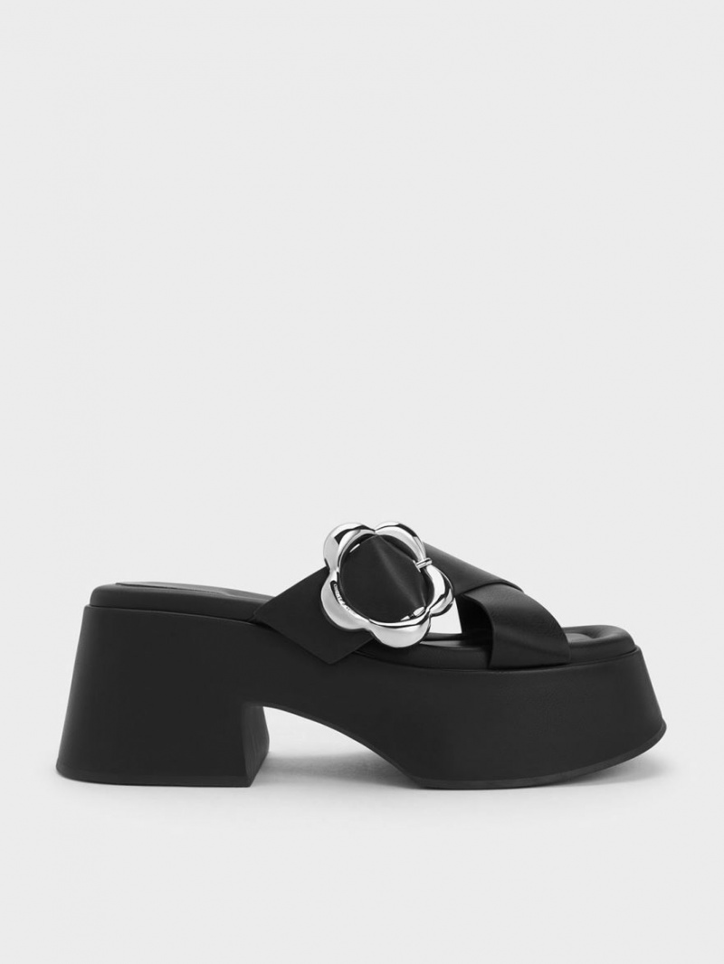 Charles & Keith Flower-Spenne Crossover Platform Mules Sko Svarte | ONFHB3108