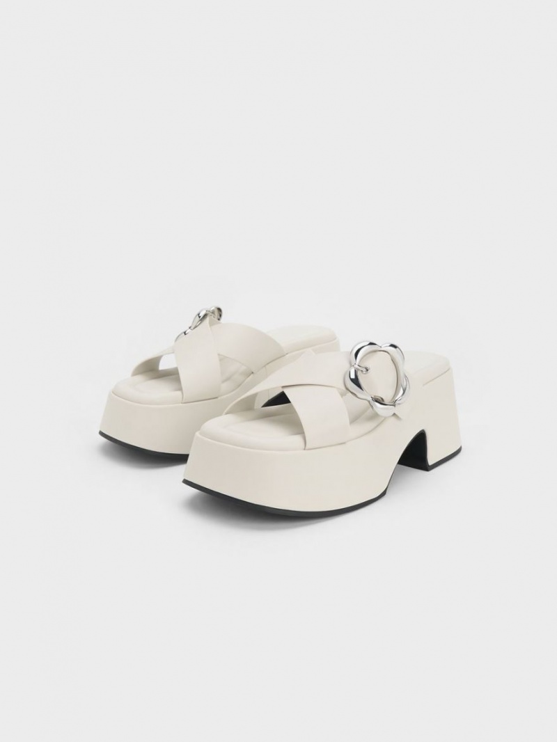 Charles & Keith Flower-Spenne Crossover Platform Mules Sko Hvite | ZLKFP9642