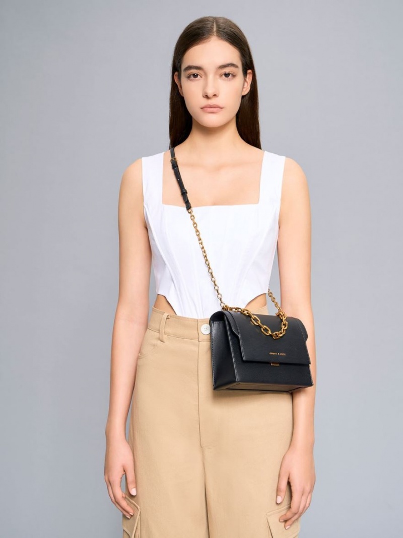 Charles & Keith Front Flap Chain Handle Crossbody Veske Svarte | LVYHU1453