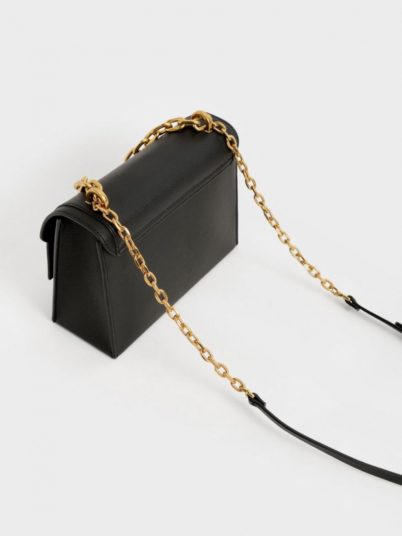 Charles & Keith Front Flap Chain Handle Crossbody Veske Svarte | LVYHU1453