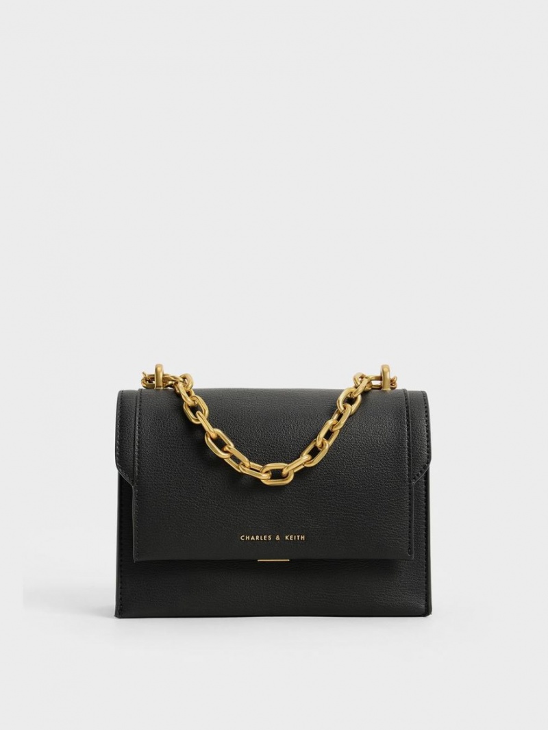 Charles & Keith Front Flap Chain Handle Crossbody Veske Svarte | LVYHU1453