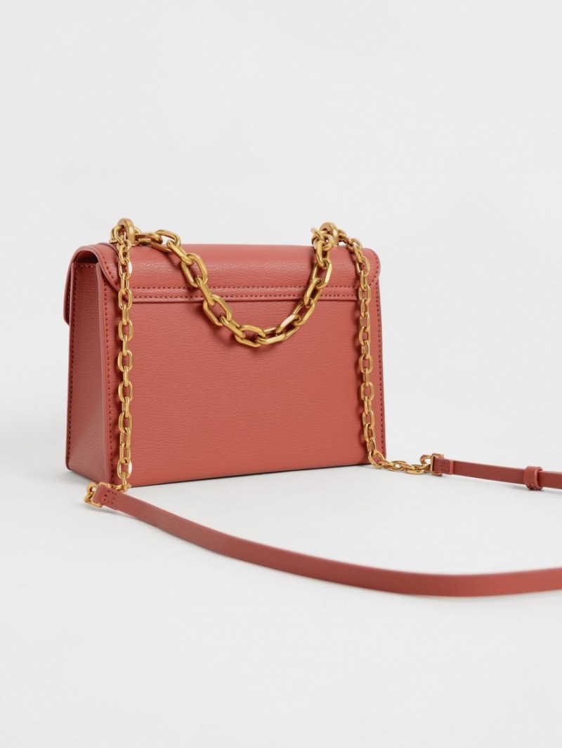 Charles & Keith Front Flap Chain Handle Crossbody Veske Mørke Rød | COZGY7560