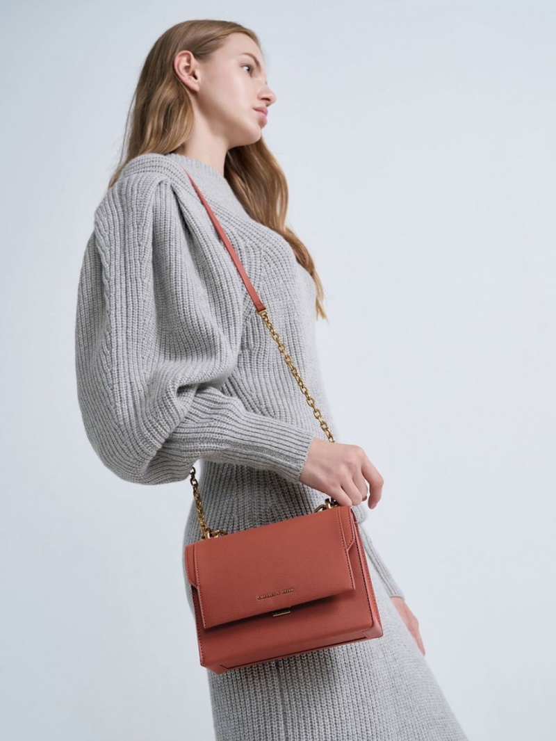 Charles & Keith Front Flap Chain Handle Crossbody Veske Mørke Rød | COZGY7560