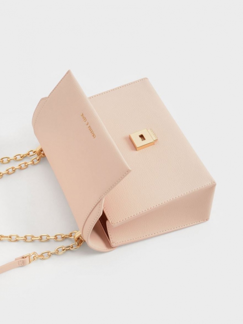 Charles & Keith Front Flap Chain Handle Crossbody Veske Lyse Rosa | LWZVF4163