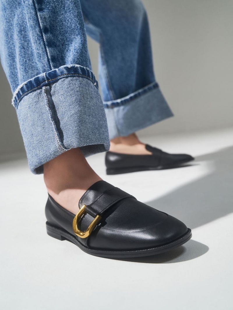 Charles & Keith Gabine Buckled Lær​ Loafers Svarte | SPMLJ4187