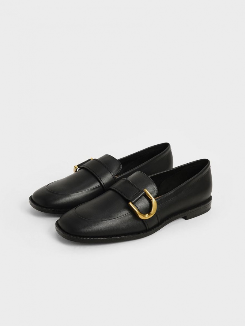 Charles & Keith Gabine Buckled Lær​ Loafers Svarte | SPMLJ4187