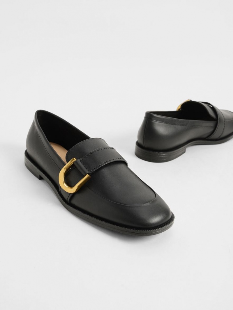 Charles & Keith Gabine Buckled Lær​ Loafers Svarte | SPMLJ4187