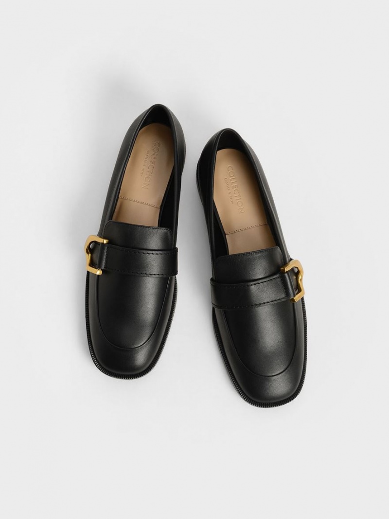 Charles & Keith Gabine Buckled Lær​ Loafers Svarte | SPMLJ4187