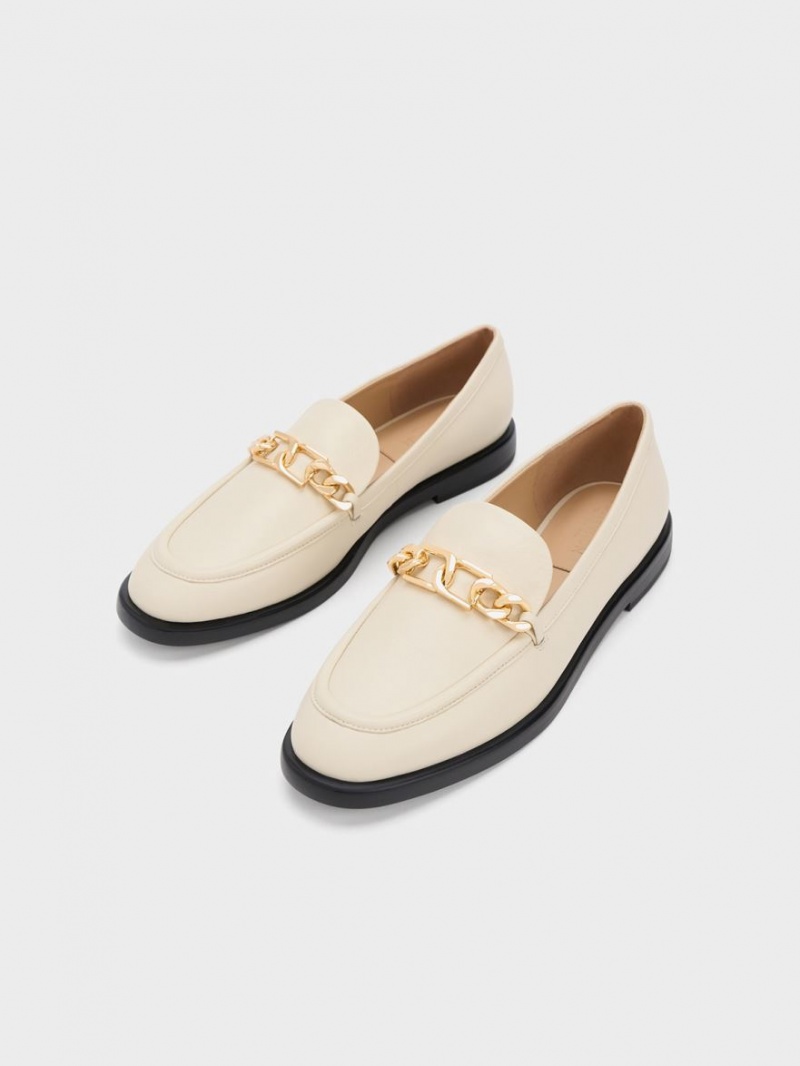 Charles & Keith Gabine Chain-Link Lær Loafers Pisket Krem | ZLGEP6890