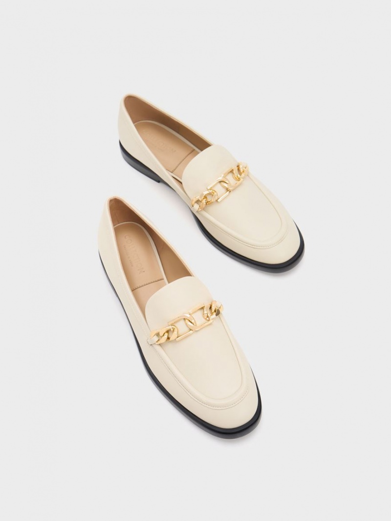 Charles & Keith Gabine Chain-Link Lær Loafers Pisket Krem | ZLGEP6890