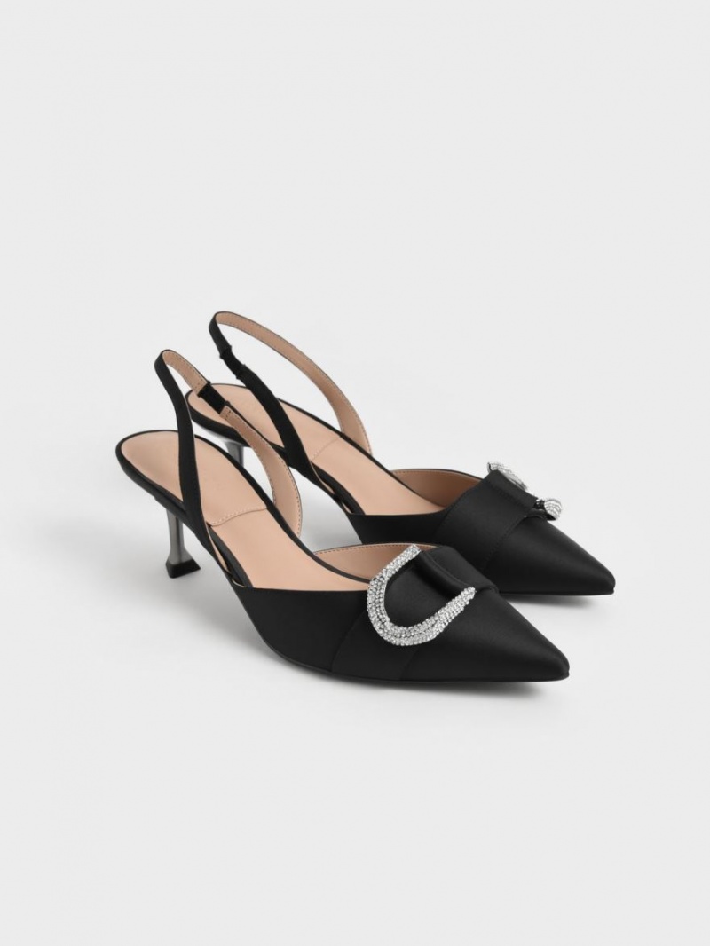 Charles & Keith Gabine Gem-Embellished Slingback Pumps Svarte | TXHBV8542