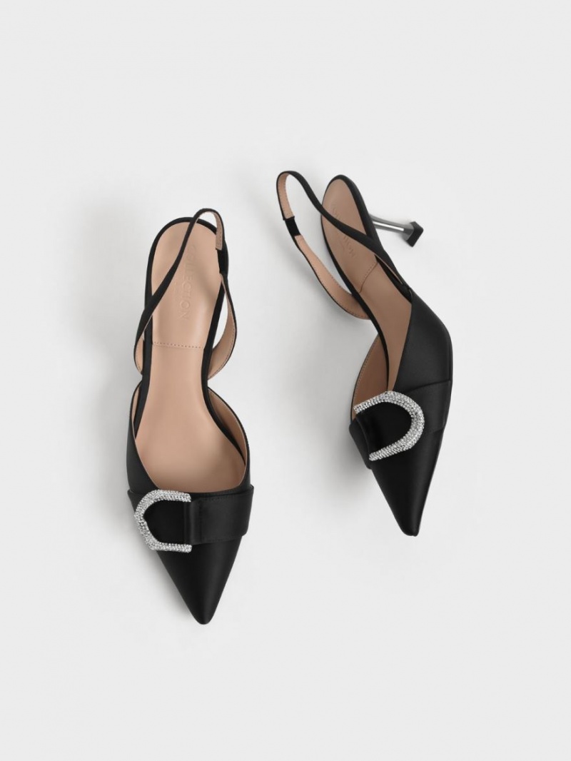 Charles & Keith Gabine Gem-Embellished Slingback Pumps Svarte | TXHBV8542