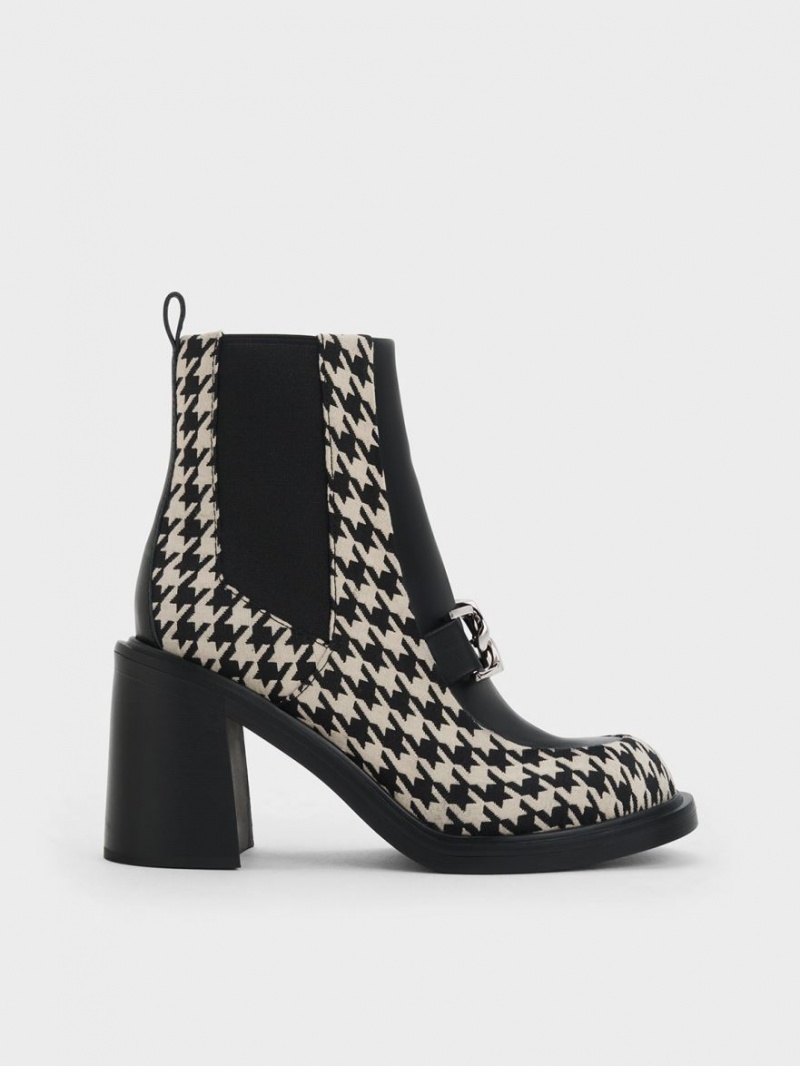 Charles & Keith Gabine Houndstooth Block Heel Støvletter Svarte Hvite | WKXCU3621