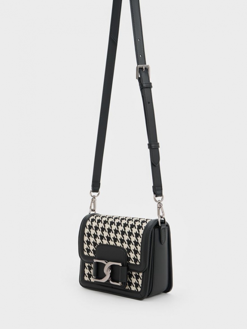 Charles & Keith Gabine Houndstooth Lær Crossbody Veske Svarte Hvite | FUYSX2356