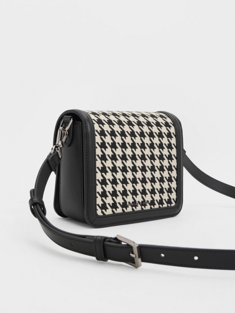 Charles & Keith Gabine Houndstooth Lær Crossbody Veske Svarte Hvite | FUYSX2356