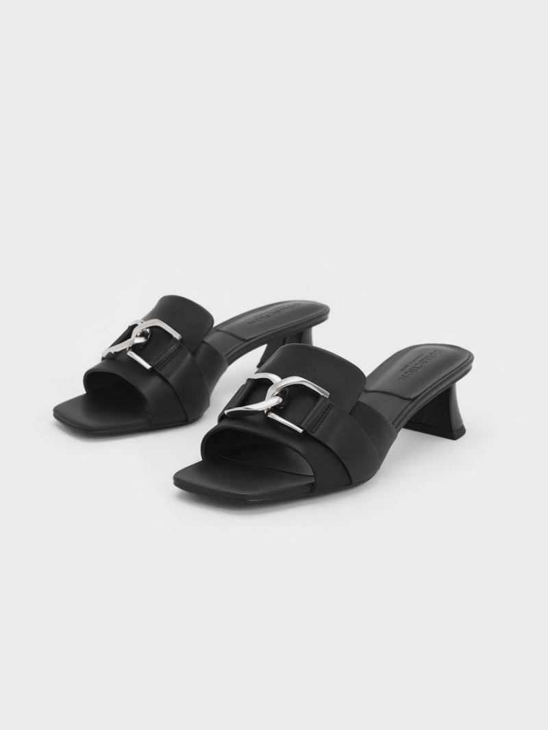 Charles & Keith Gabine Lær Block Heel Mules Sko Svarte | PTXYU1875