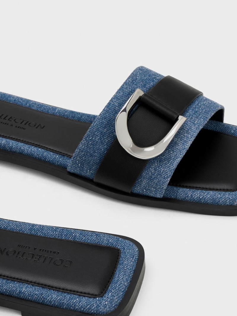 Charles & Keith Gabine Lær & Denim Slidesandaler Blå | RJHYZ0237