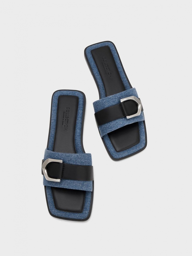 Charles & Keith Gabine Lær & Denim Slidesandaler Blå | RJHYZ0237