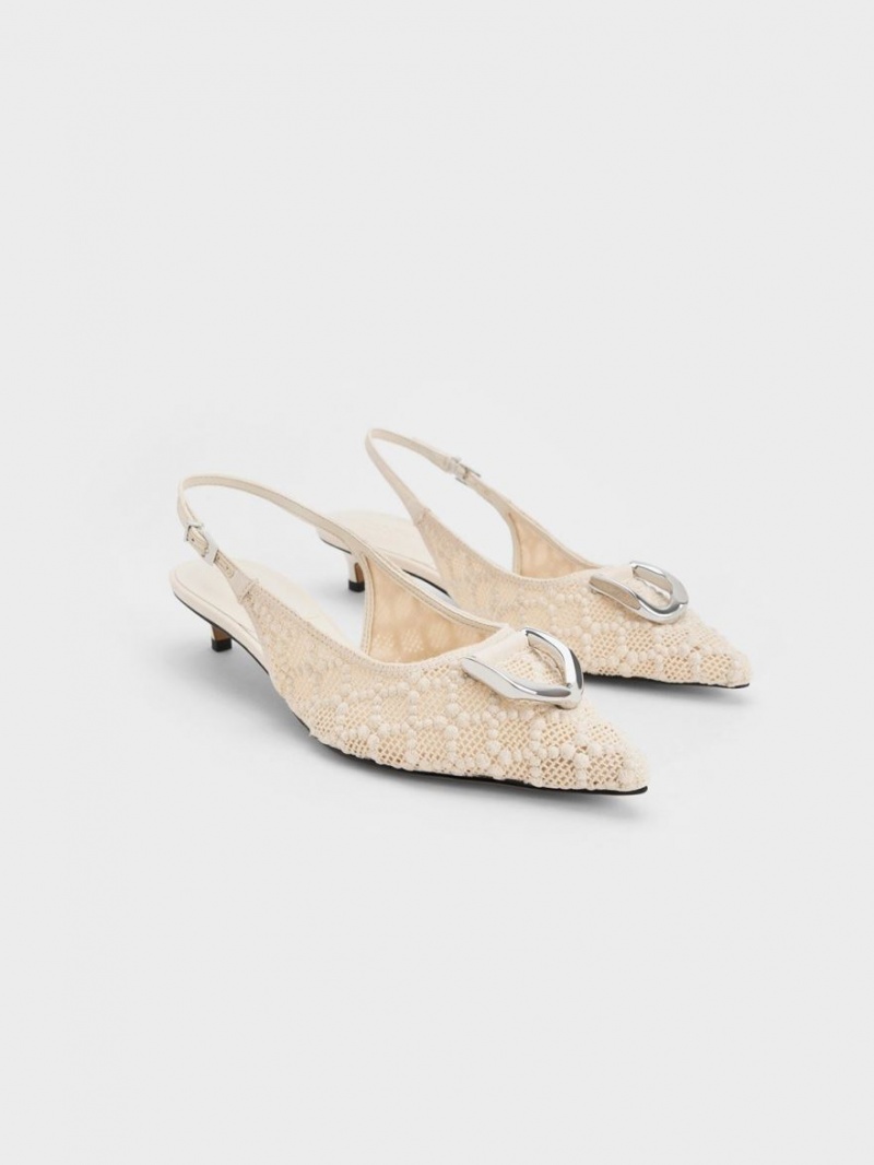 Charles & Keith Gabine Patterned Slingback Pumps Pisket Krem | SCJPZ1369