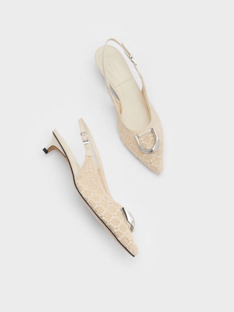 Charles & Keith Gabine Patterned Slingback Pumps Pisket Krem | SCJPZ1369