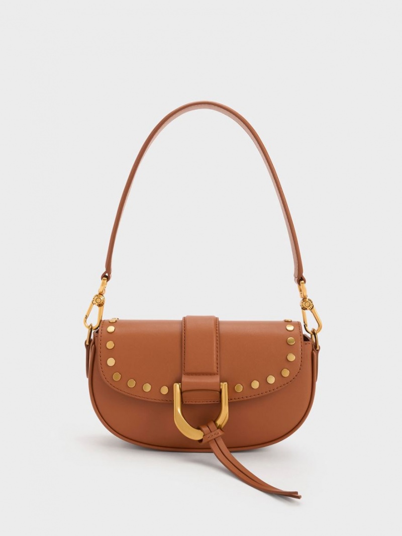 Charles & Keith Gabine Studded Lær Skulderveske Brune | FJKRT0358