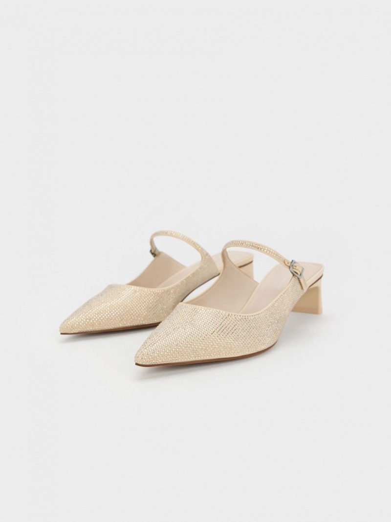 Charles & Keith Gem-Embellished Blade Heel Mules Sko Beige | QEJDT8507