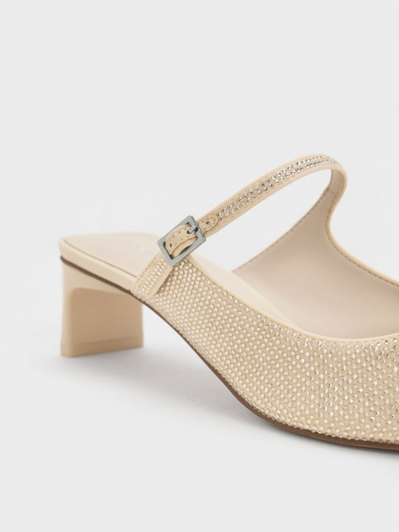 Charles & Keith Gem-Embellished Blade Heel Mules Sko Beige | QEJDT8507