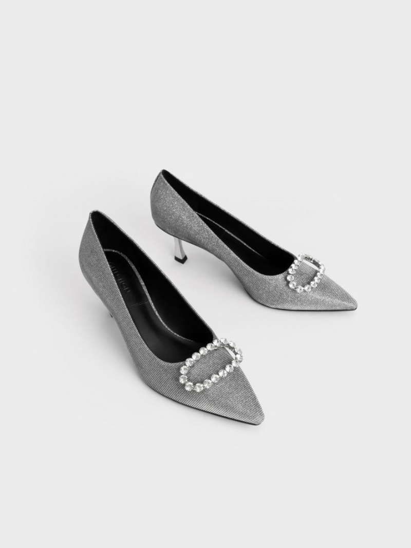 Charles & Keith Gem-Embellished Glittered Pumps Grå | XDFOS0521