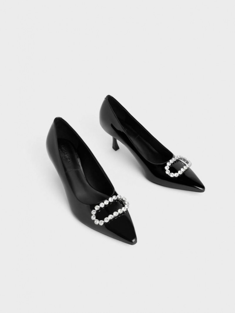 Charles & Keith Gem-Embellished Patent Lær Pumps Svarte | LGEUS9308