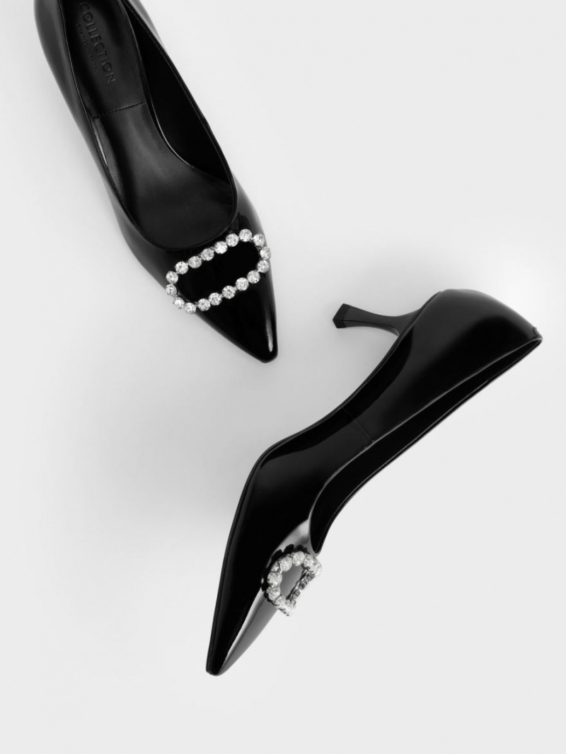 Charles & Keith Gem-Embellished Patent Lær Pumps Svarte | LGEUS9308