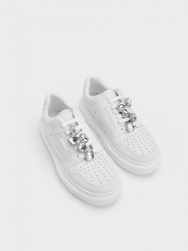 Charles & Keith Gem-Embellished Platform Sneakers Hvite | LIYJA1409