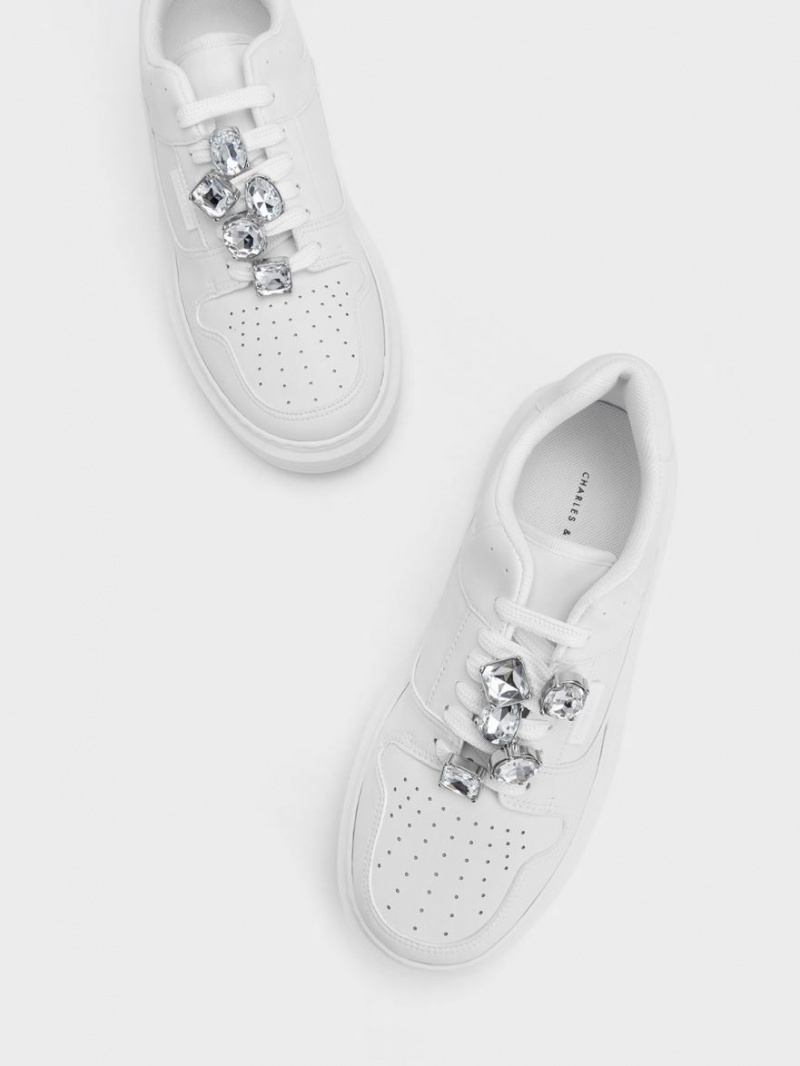 Charles & Keith Gem-Embellished Platform Sneakers Hvite | LIYJA1409