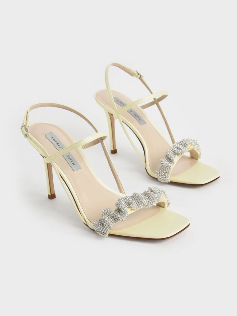 Charles & Keith Gem-Embellished Satin Stiletto Sandaler med Hæl Gul | HIDMP5903