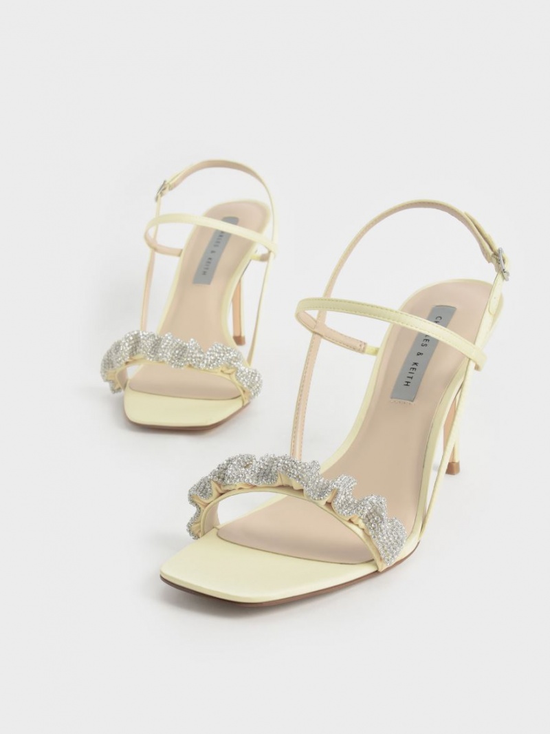 Charles & Keith Gem-Embellished Satin Stiletto Sandaler med Hæl Gul | HIDMP5903