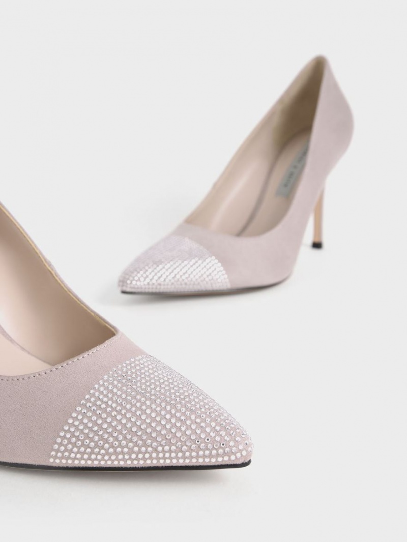 Charles & Keith Gem-Embellished Textured Stiletto Pumps Lilla | CYWBA7564