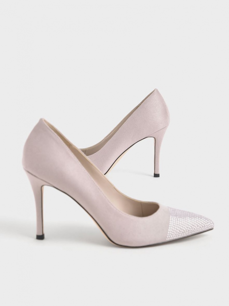 Charles & Keith Gem-Embellished Textured Stiletto Pumps Lilla | CYWBA7564